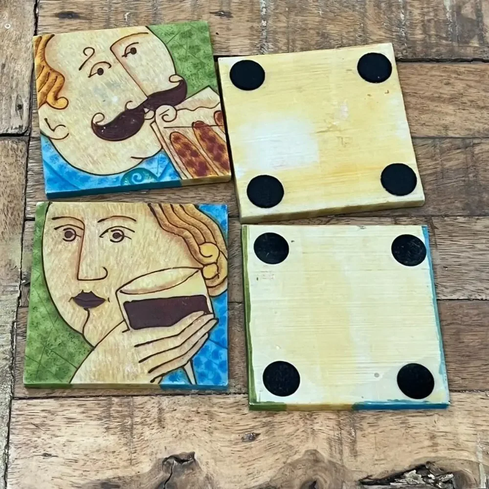 Vintage Resin Men & Women With Drinks Fun Cocktail Coasters Textured Set Of 4